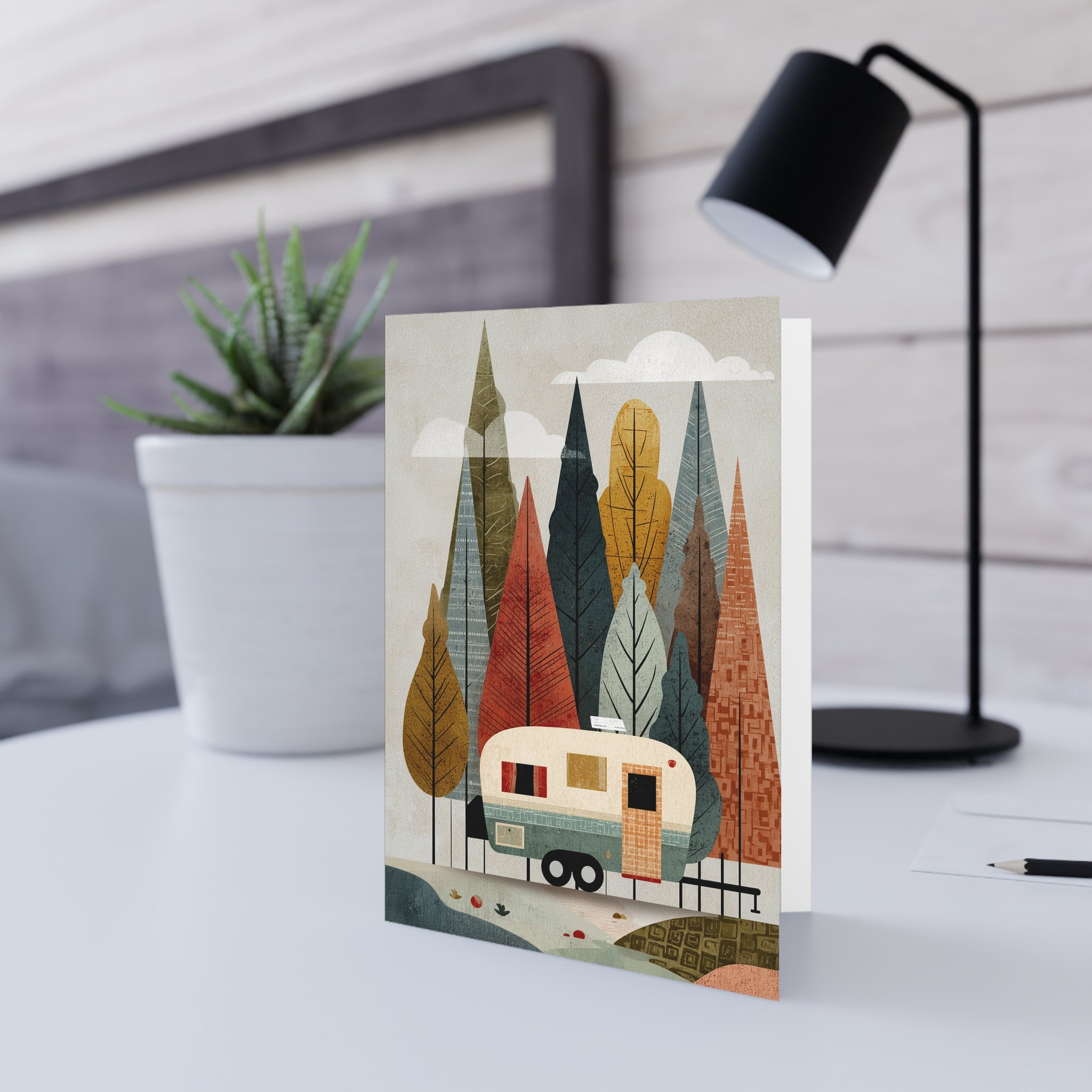 Camping Caravan Greeting Card — Retro Camper & Pine Trees Note Card