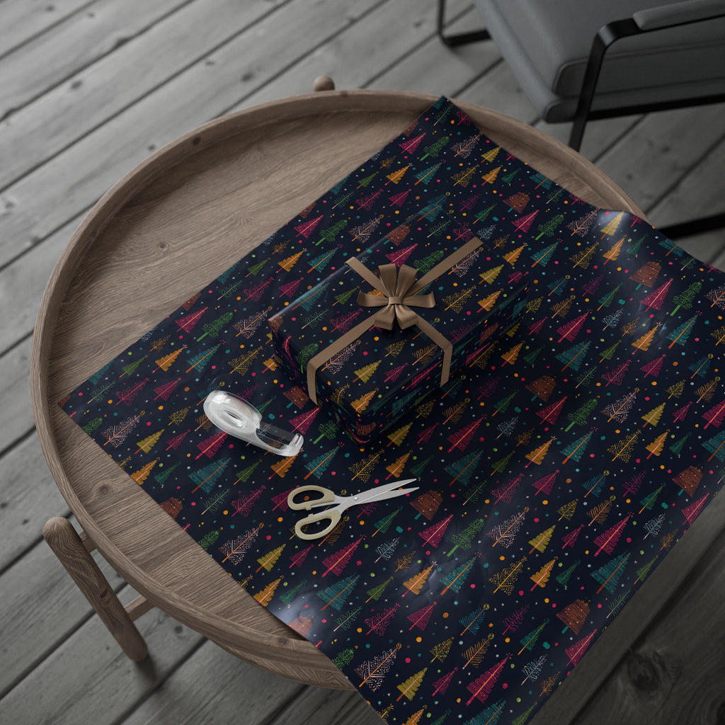 Christmas Tree Wrapping Paper Roll – Dark Navy Holiday Gift Wrap with Colorful Trees
