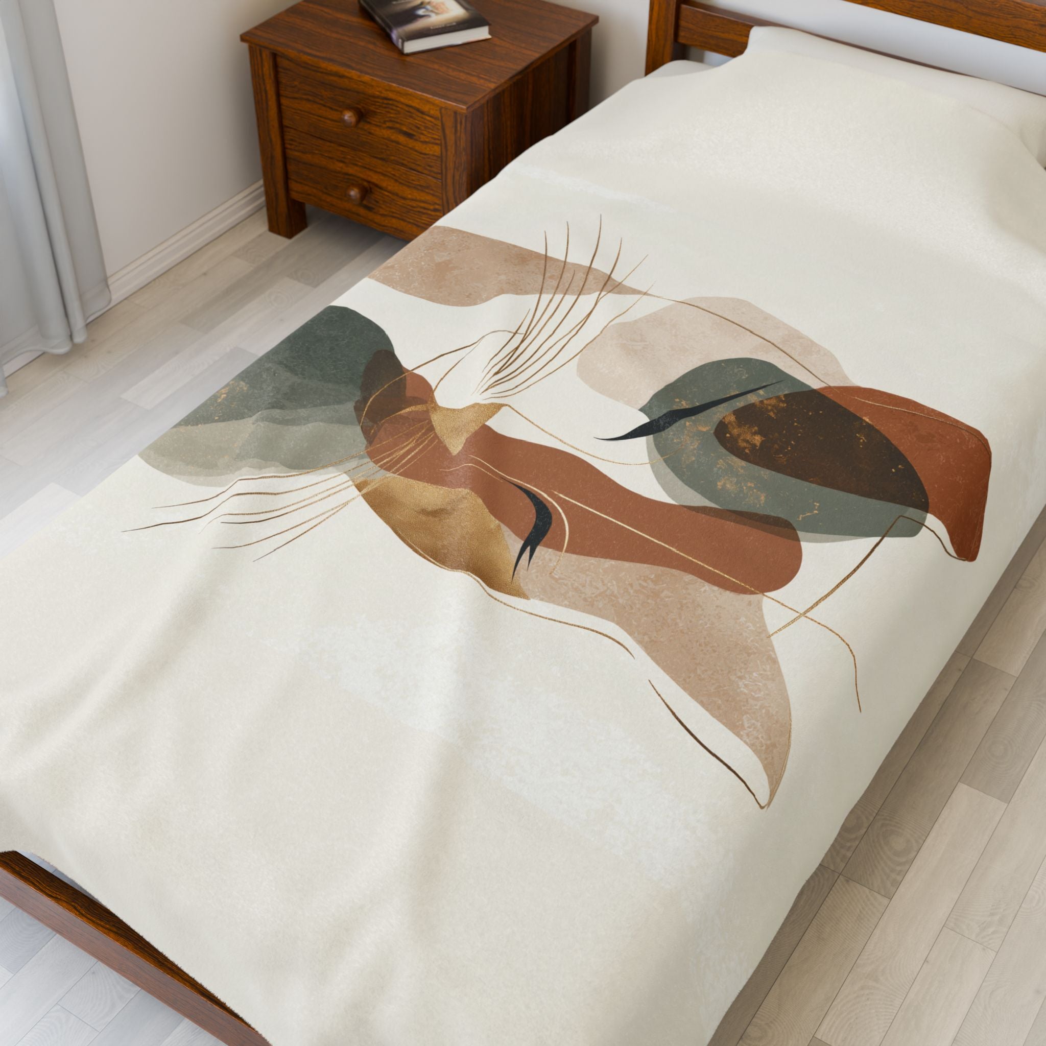 Abstract Earthen Toned Cat Velveteen Plush Blanket, Soft Fleece Throw, Cozy Bedding Set, Abstract Earthen Toned Cat Duvet Cover