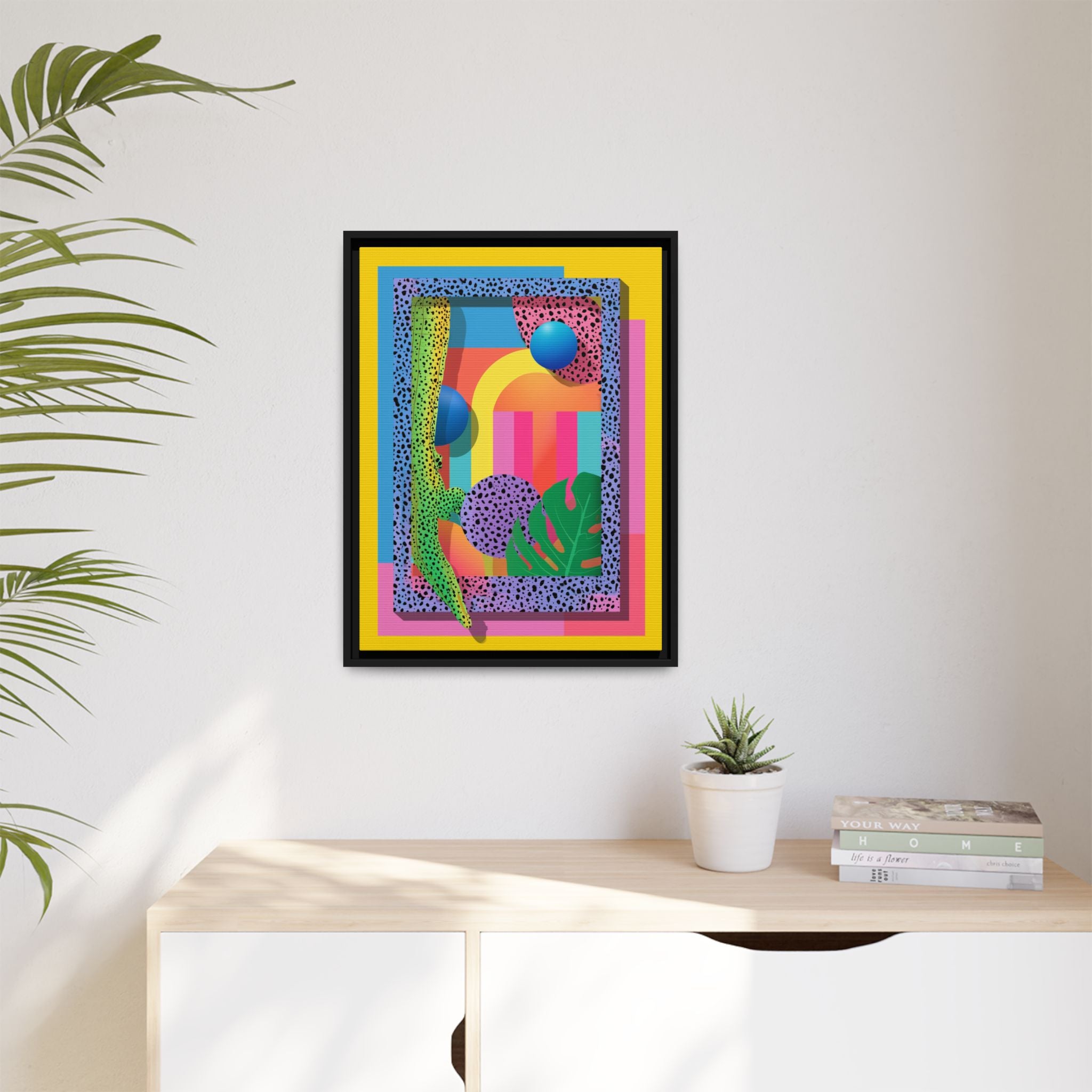 Geometric Rhythms: Abstract Layers of Color, Dimensional Shapes and Tropical Elements, Vibrant Modern Art Composition   |   Custom Orders