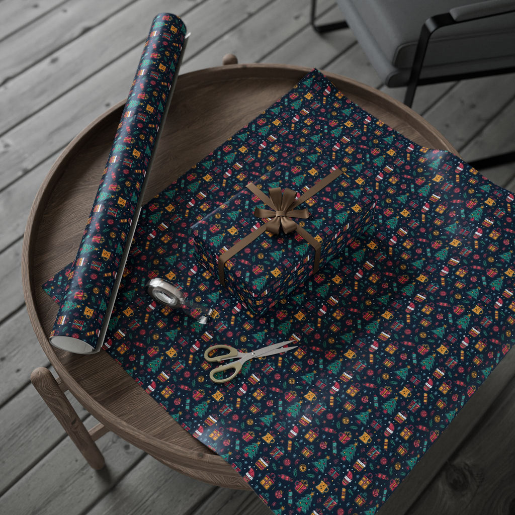 Holiday Gift Wrapping Paper Roll – Dark Christmas Icons Pattern (Trees, Presents, Stockings)