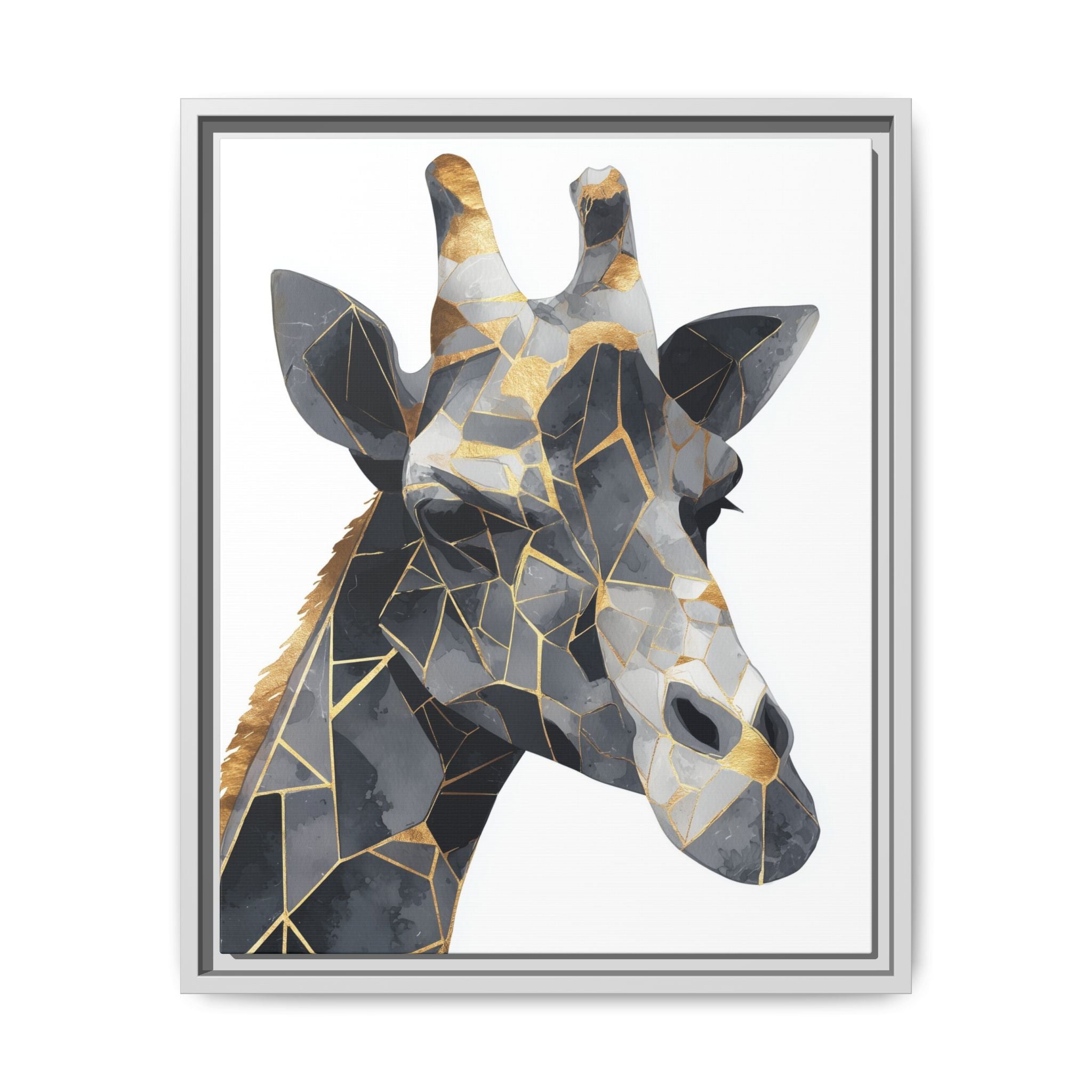 Geometric Giraffe Mosaic Framed Print : Contemporary Cubist Animal Portrait, Metallic Gold Angular Design   |   Custom Orders Available