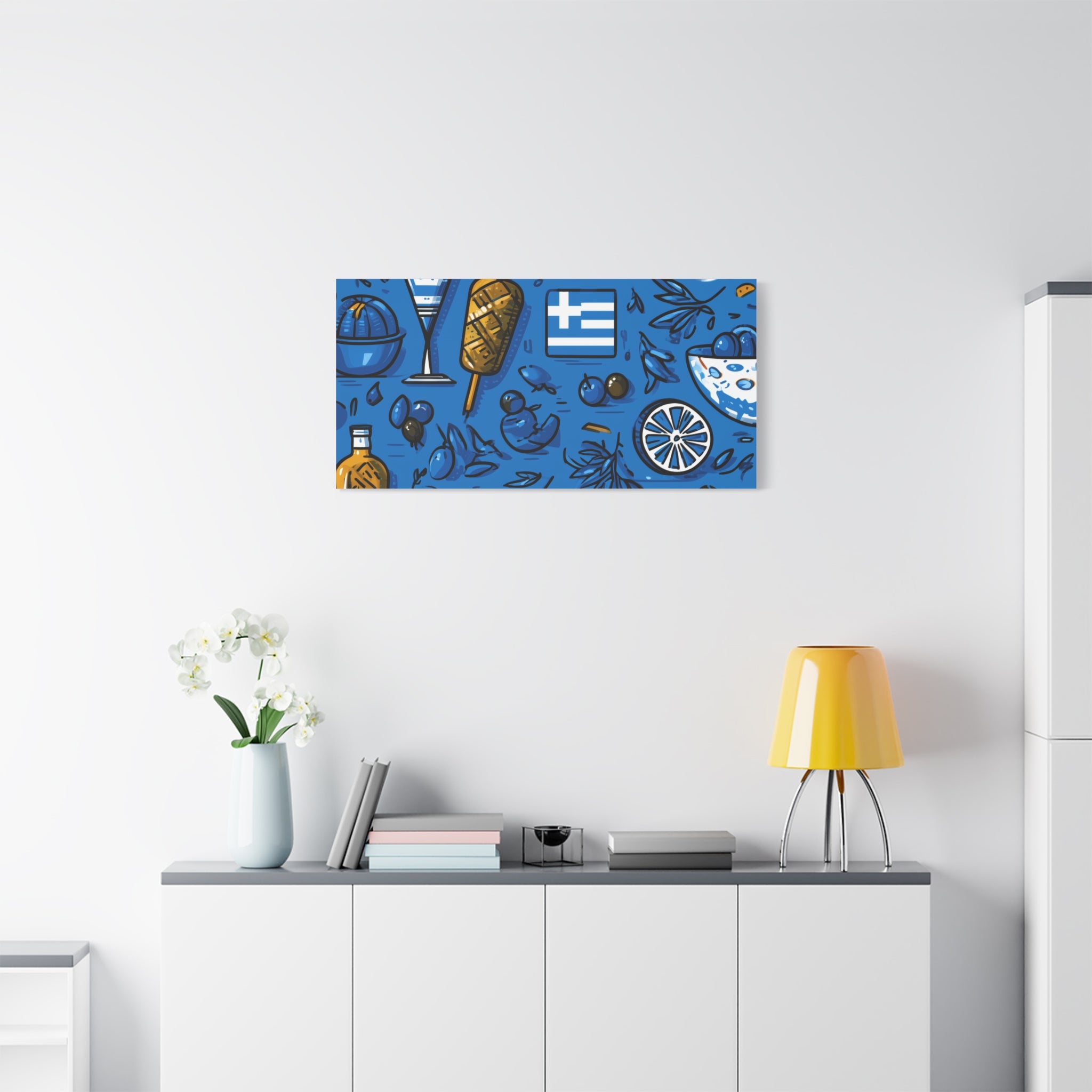 Vibrant Canvas Wall Art, Blue Mediterranean Theme, Kitchen Decor, Greek Party Decor, Olive and Drink Motif