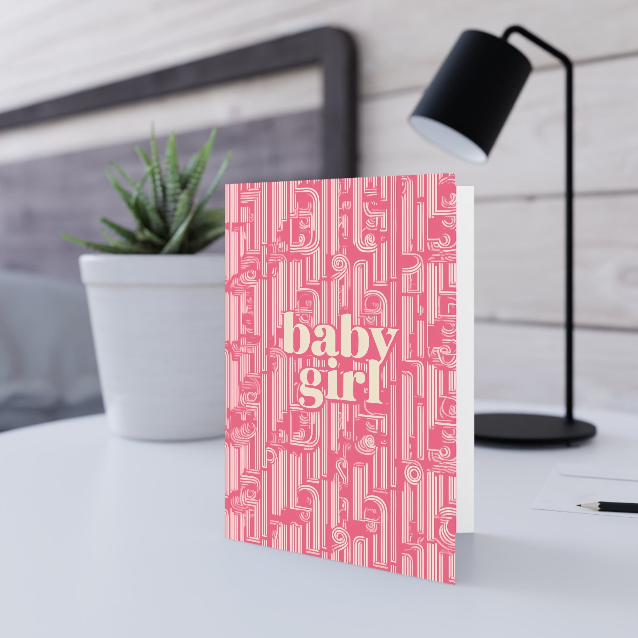 Baby Girl Greeting Card — Pink Retro Pattern Newborn Card