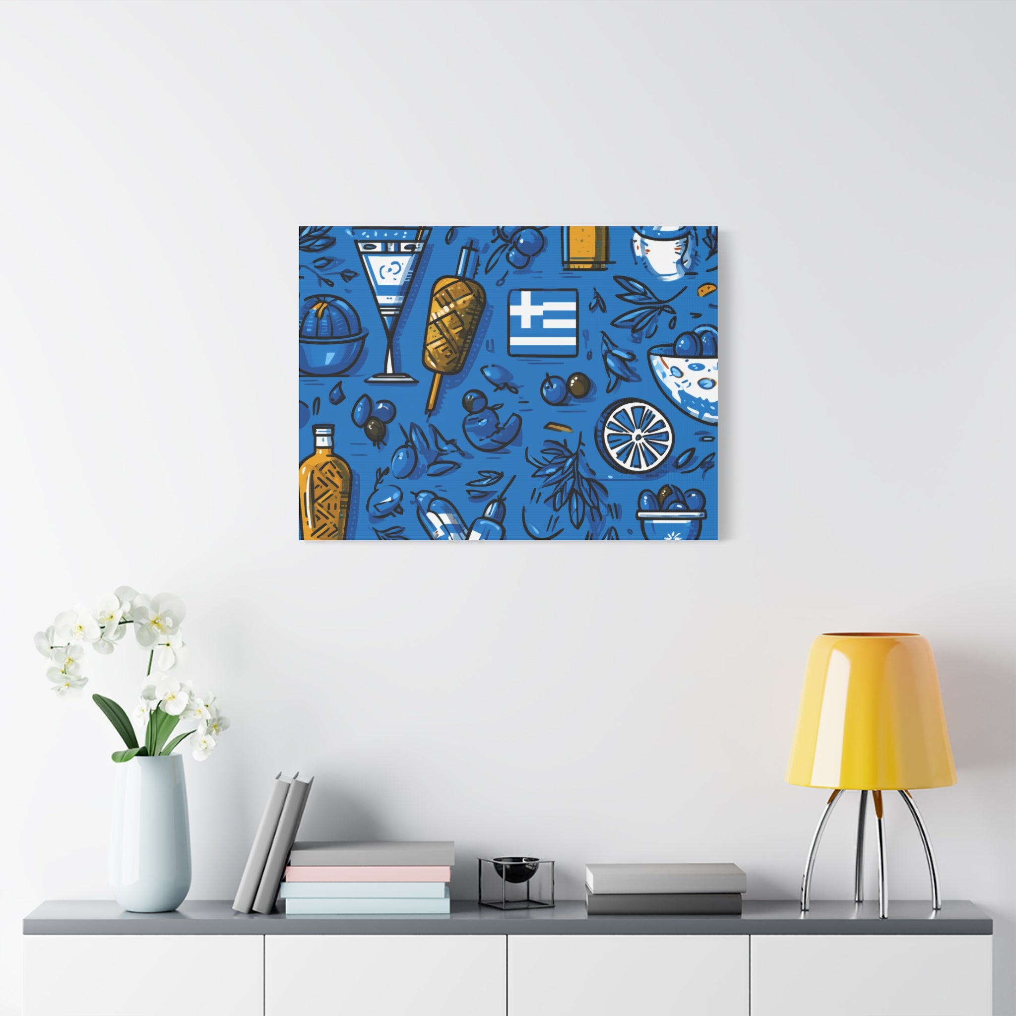 Vibrant Canvas Wall Art, Blue Mediterranean Theme, Kitchen Decor, Greek Party Decor, Olive and Drink Motif