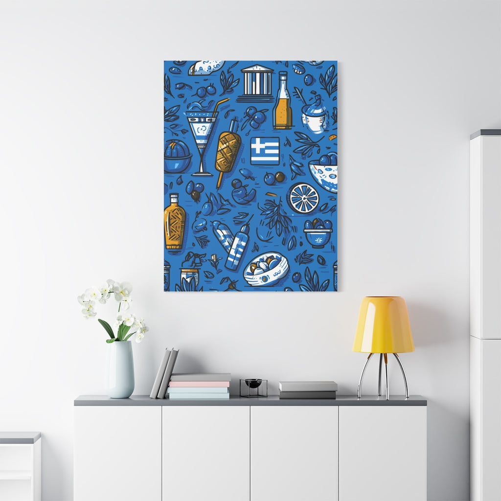 Vibrant Canvas Wall Art, Blue Mediterranean Theme, Kitchen Decor, Greek Party Decor, Olive and Drink Motif