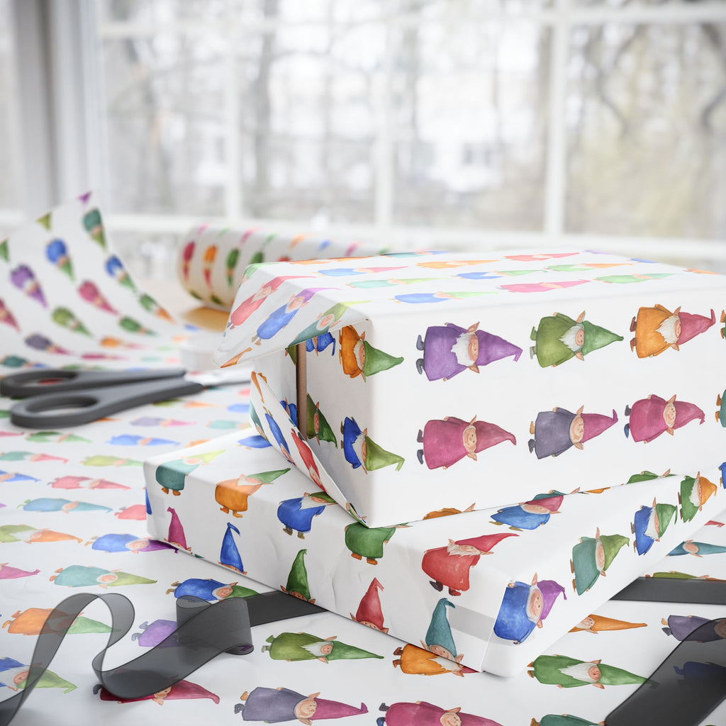 Gnome Pattern Wrapping Paper Roll – Colorful Scandinavian Gnomes Holiday Gift Wrap