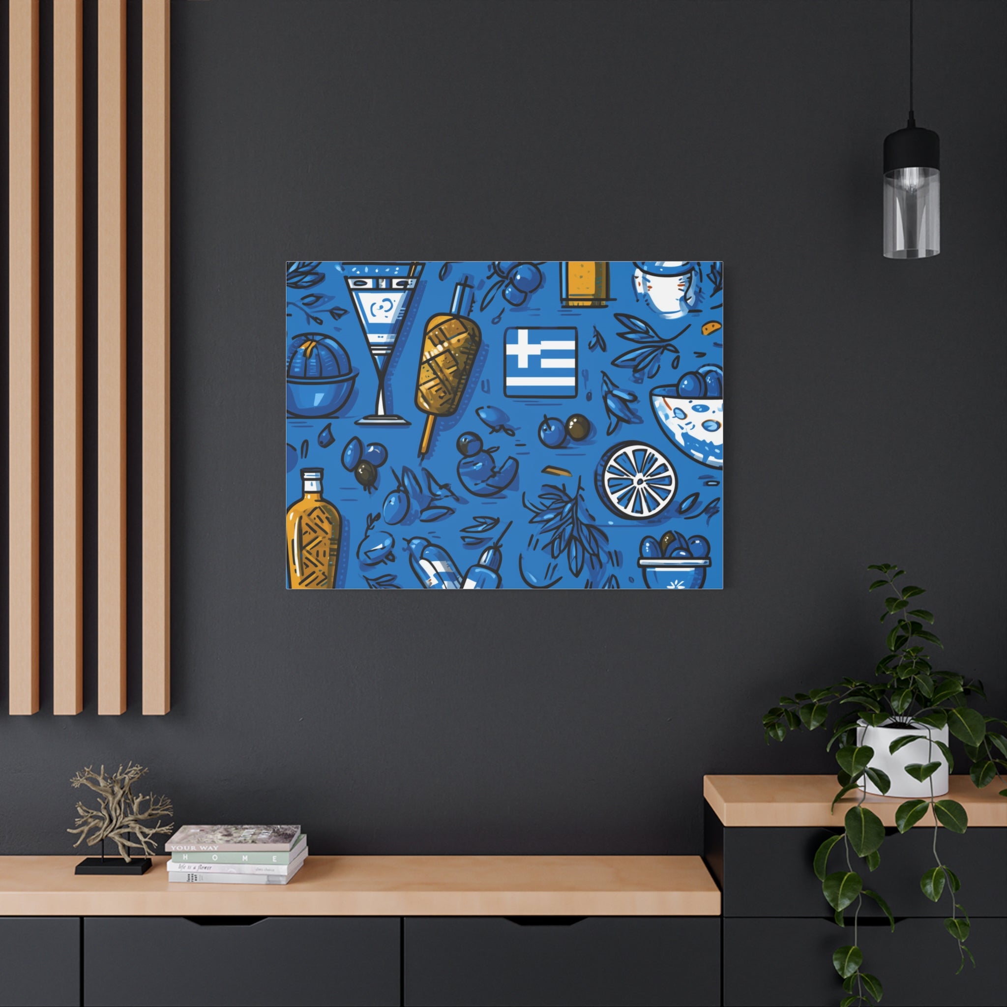 Vibrant Canvas Wall Art, Blue Mediterranean Theme, Kitchen Decor, Greek Party Decor, Olive and Drink Motif