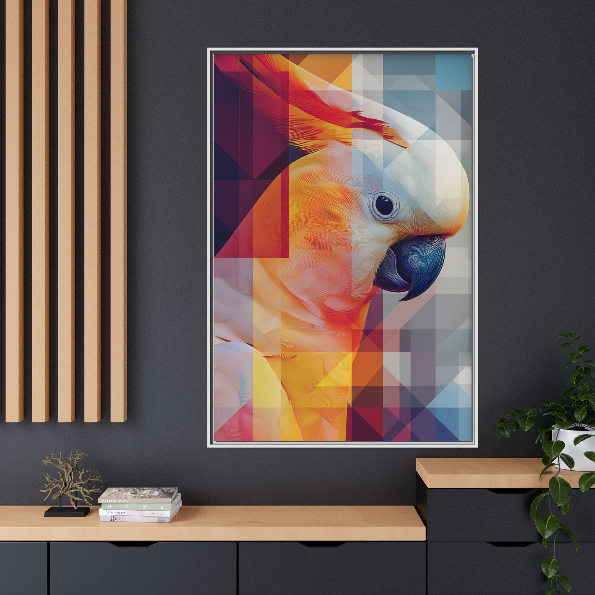 Prismatic Cockatoo Framed Print: Geometric Portrait, Digital Mosaic Artwork   |  Personalized & Custom Orders Available
