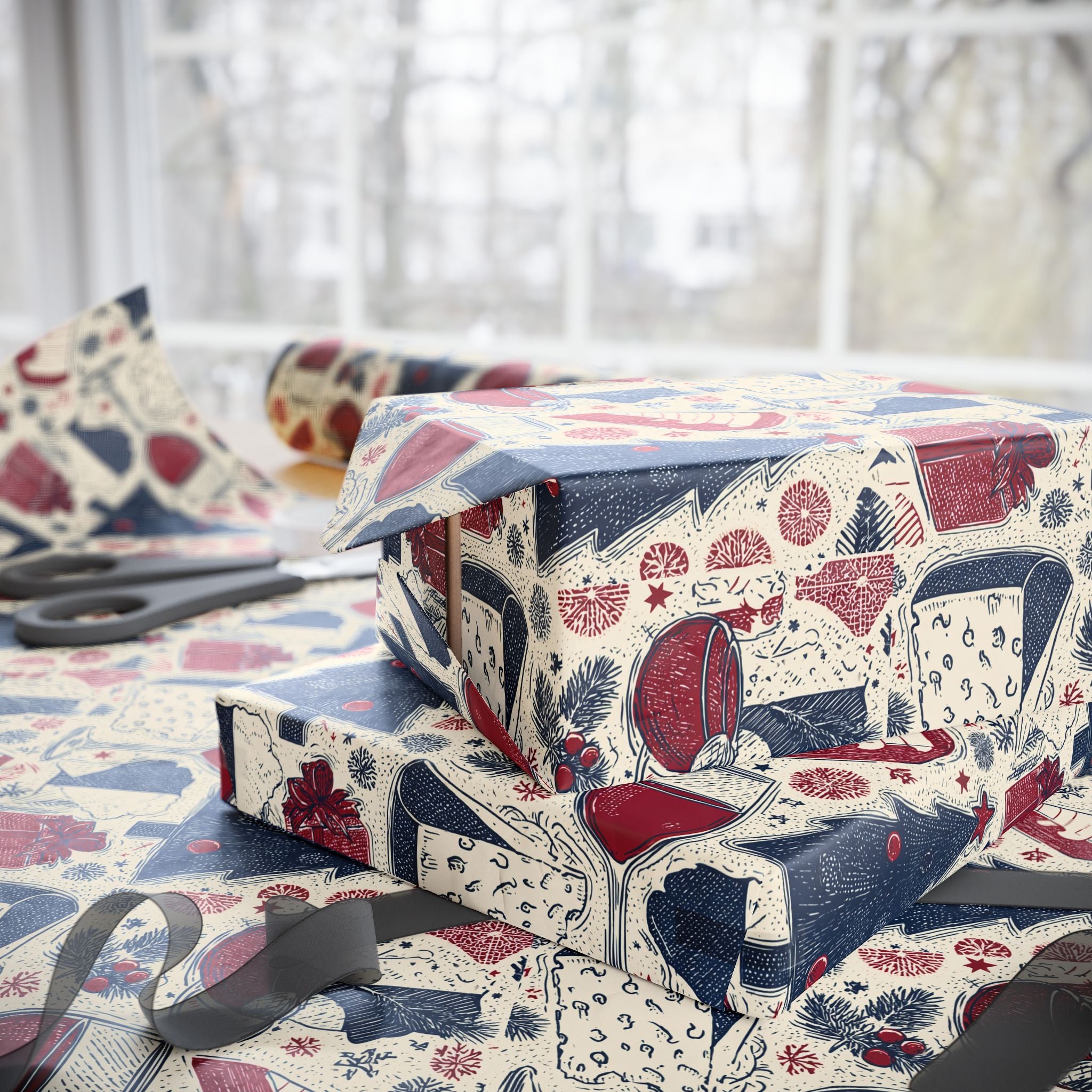 Festive Red & Navy French Christmas Tree Wrapping Paper — Holiday Gift Wrap Roll