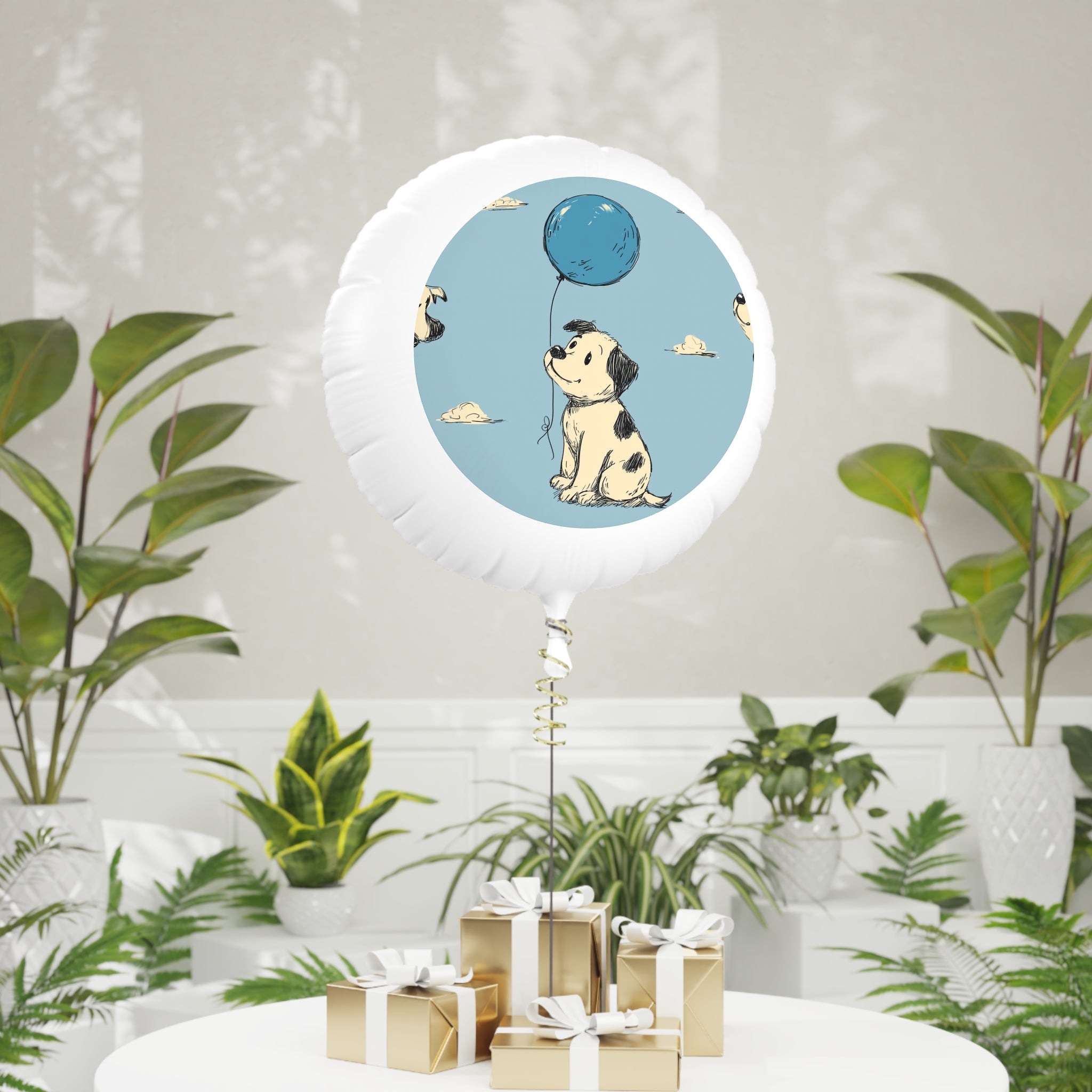 Mylar Balloon — Cute Puppy with Blue Balloon Pattern (Helium-Ready)