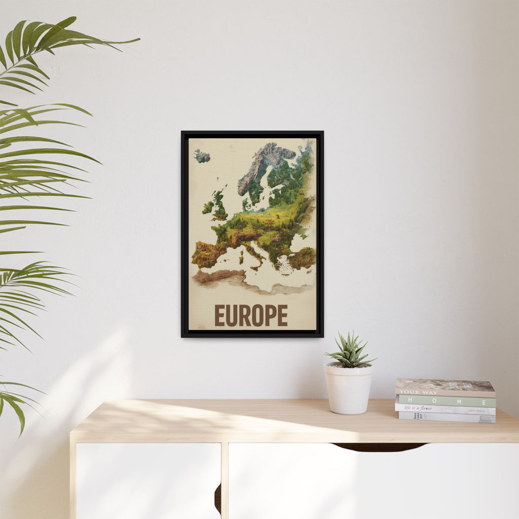 Framed Europe Map Canvas Print — Vintage Landscape Style Wall Art