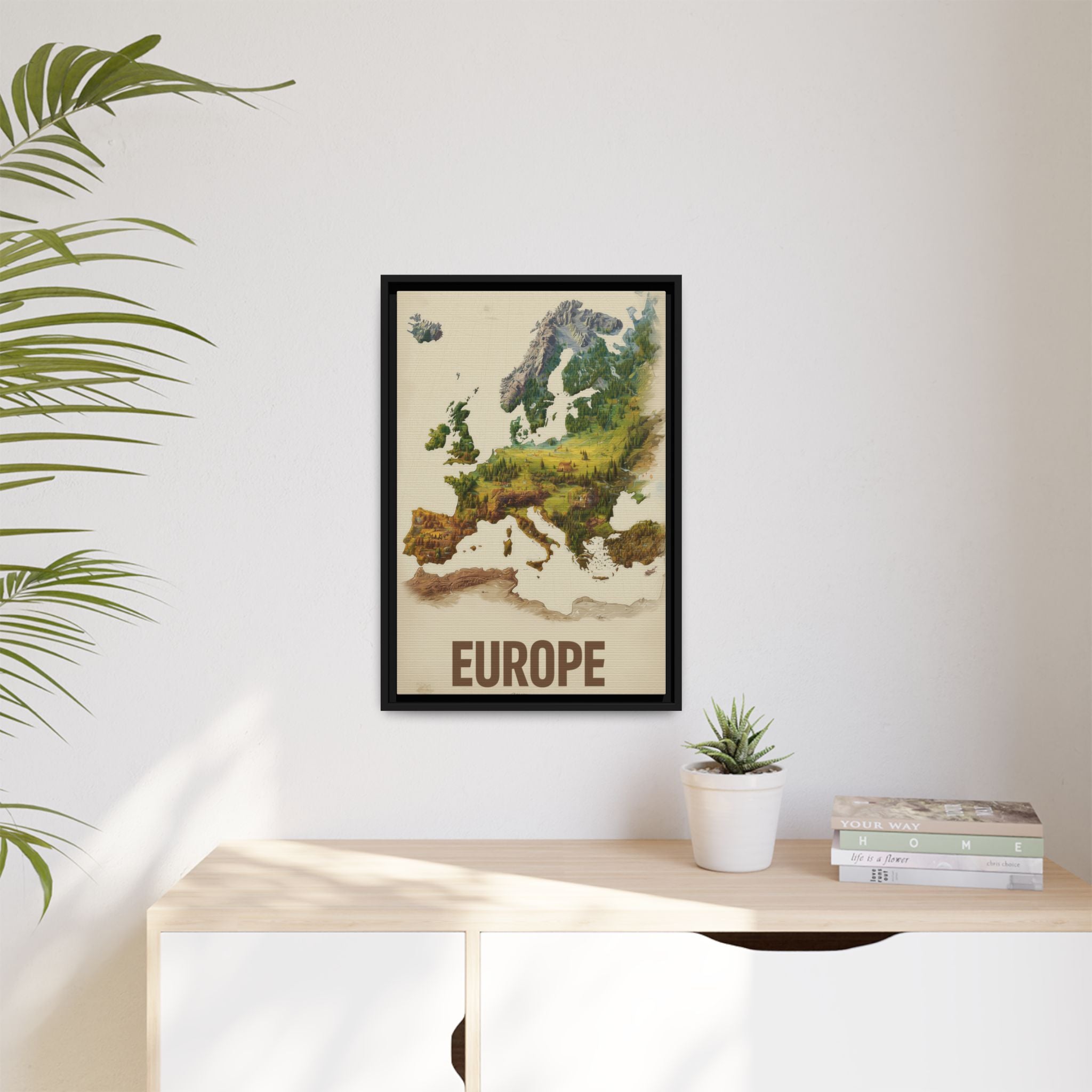 Framed Europe Map Canvas Print — Vintage Landscape Style Wall Art