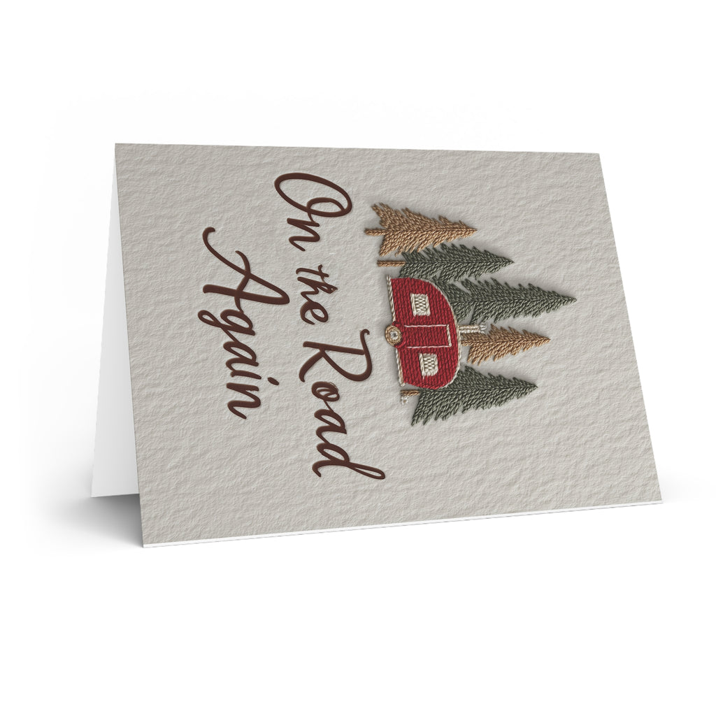 Caravan Greeting Card — Retro Camper & Pine Trees Note Card