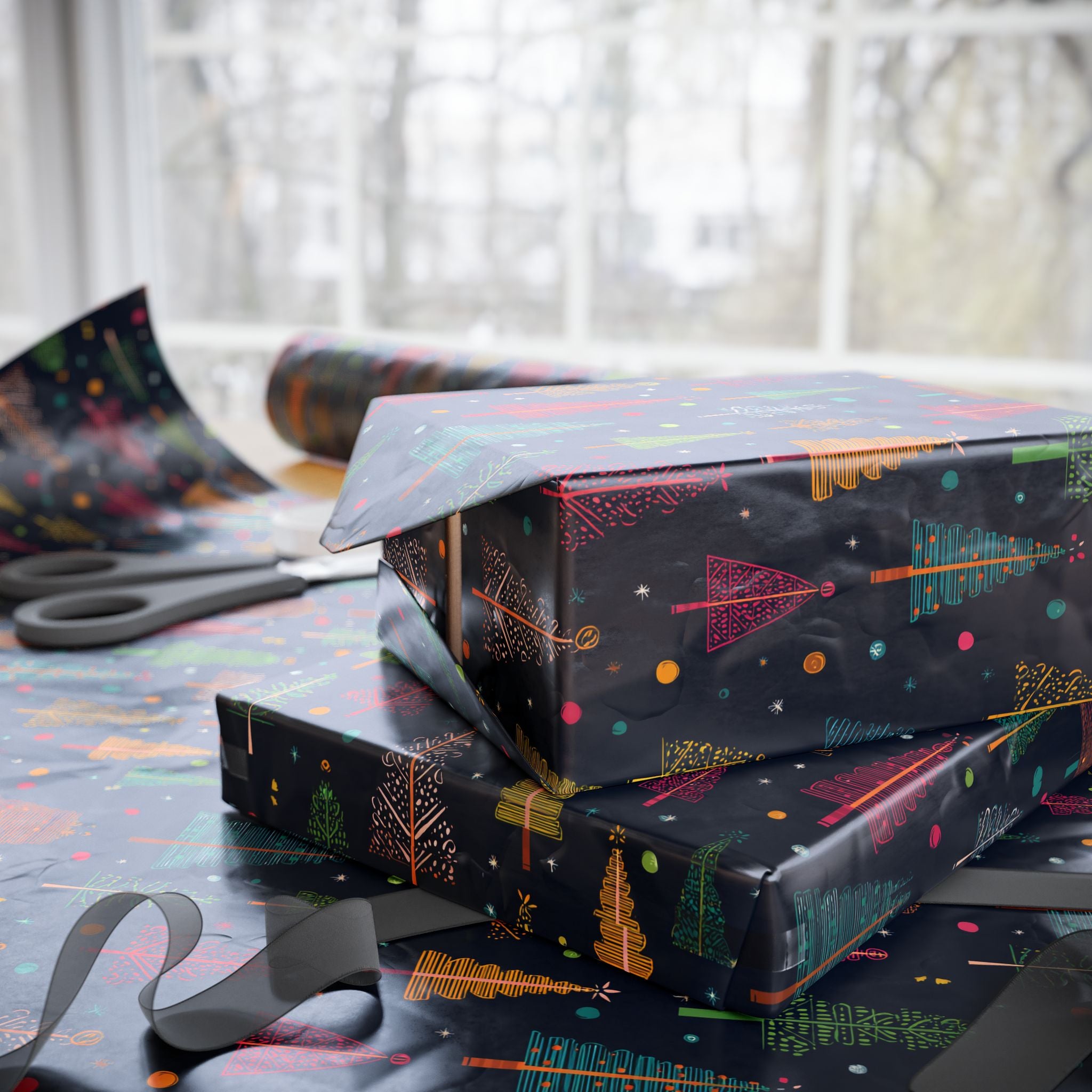 Christmas Tree Wrapping Paper Roll – Dark Navy Holiday Gift Wrap with Colorful Trees