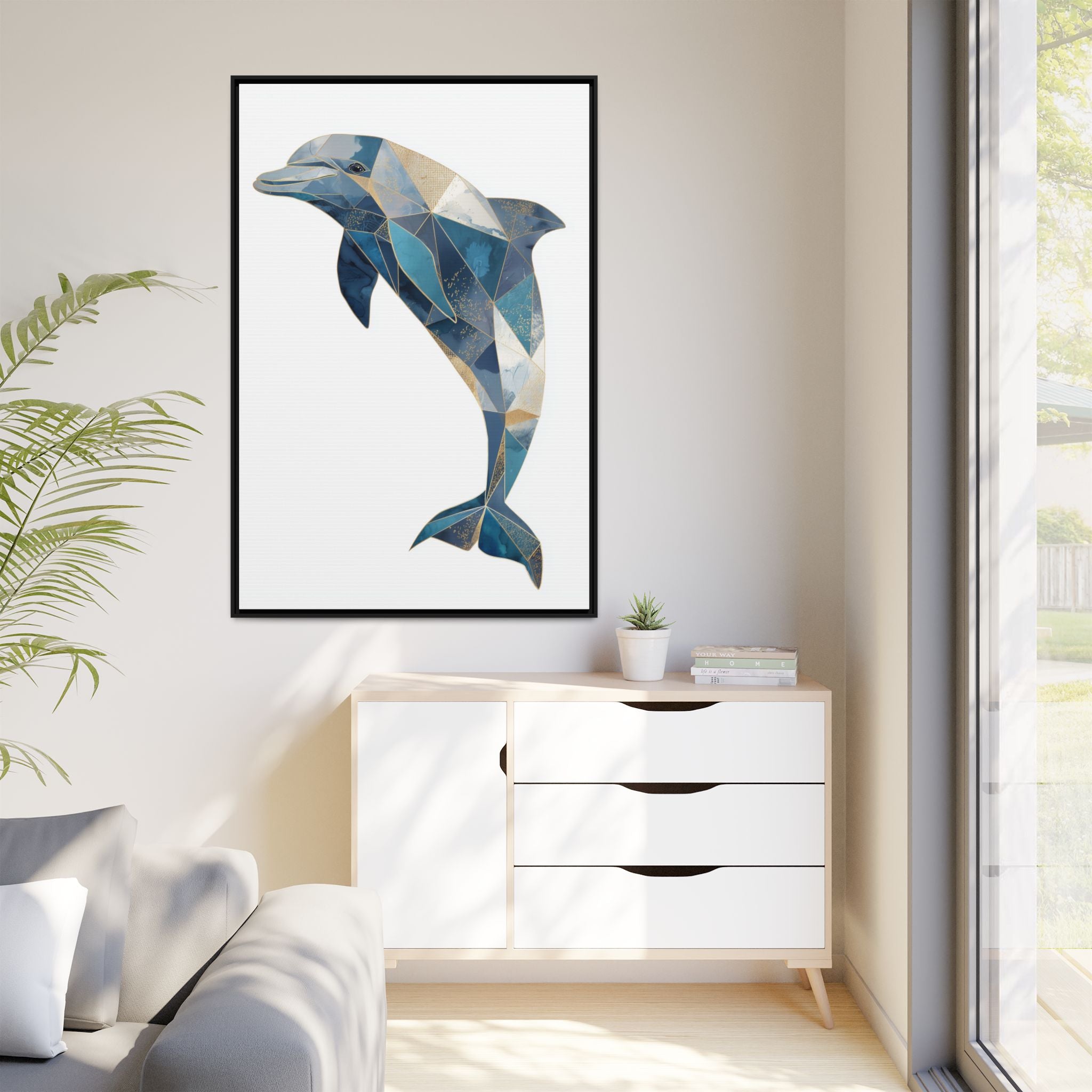 Geometric Dolphin Mosaic Framed Print , Contemporary Marine Art   |  Personalized & Custom Orders Available