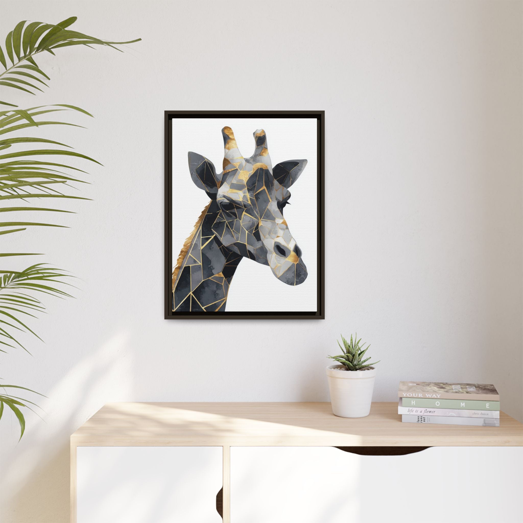 Geometric Giraffe Mosaic Framed Print : Contemporary Cubist Animal Portrait, Metallic Gold Angular Design   |   Custom Orders Available
